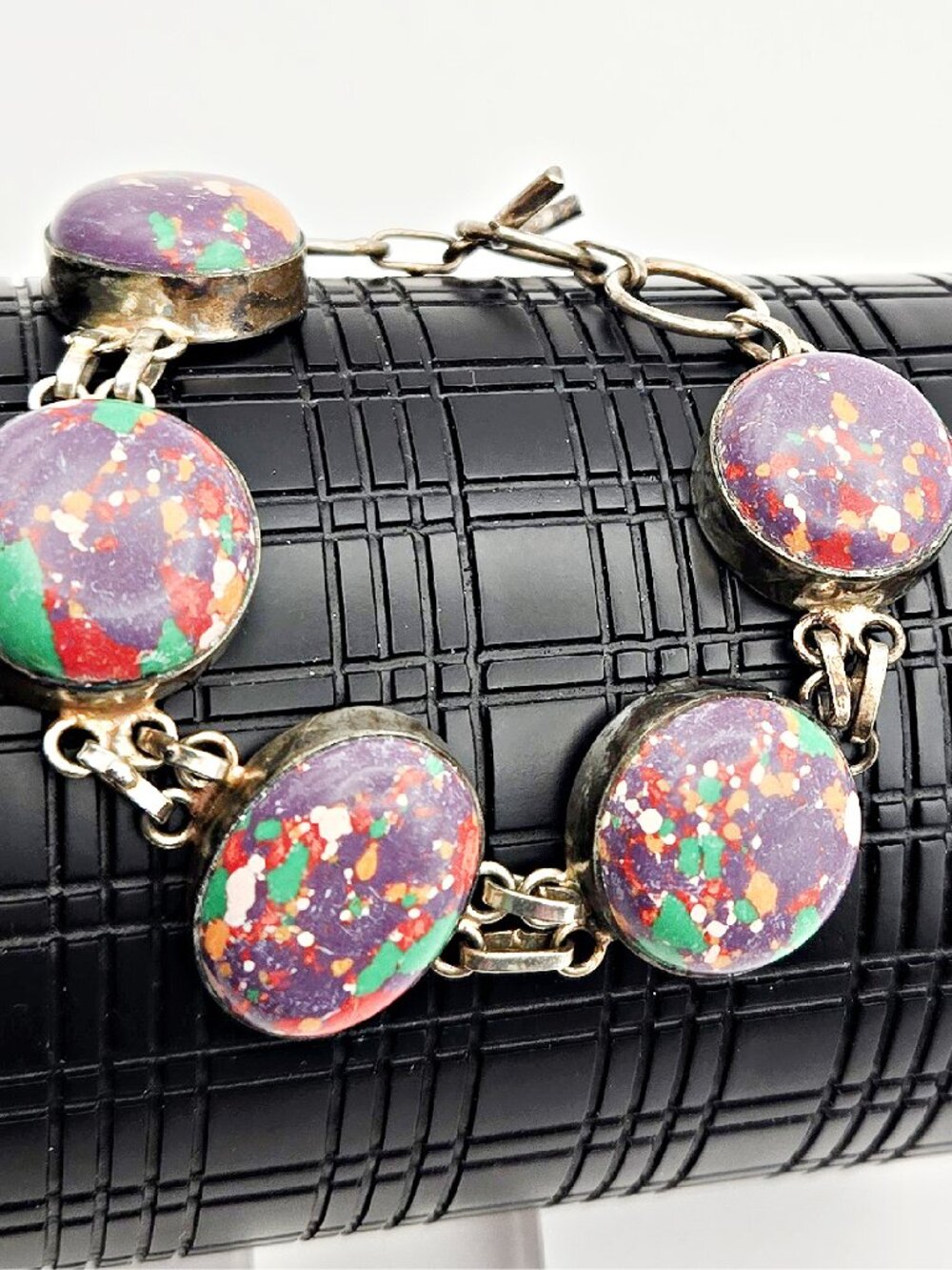Vintage Mid Century Mosaic Jasper Sterling Silver Bracelet – Chunky Purple Stone
